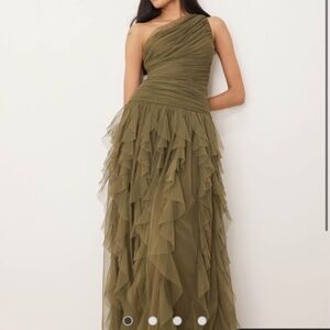 Lace & Beads One Shoulder Waterfall Ruffle Maxi Dress